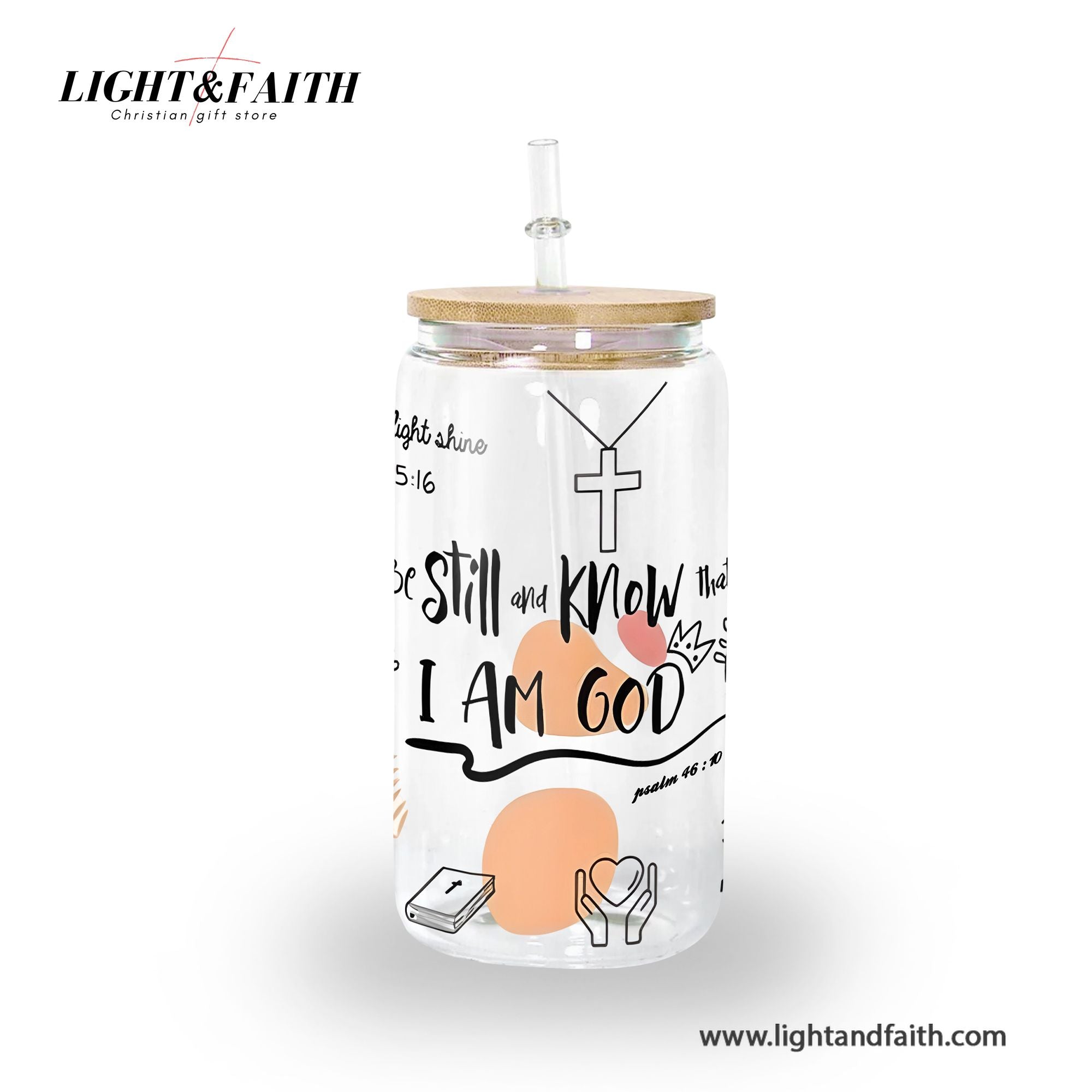 Christian Glass Can with Bamboo Lid and Straw, Be Still and Know I Am God Psalm 46:10 Cup, Scripture Iced Coffee Tumbler Gift GCLAF42